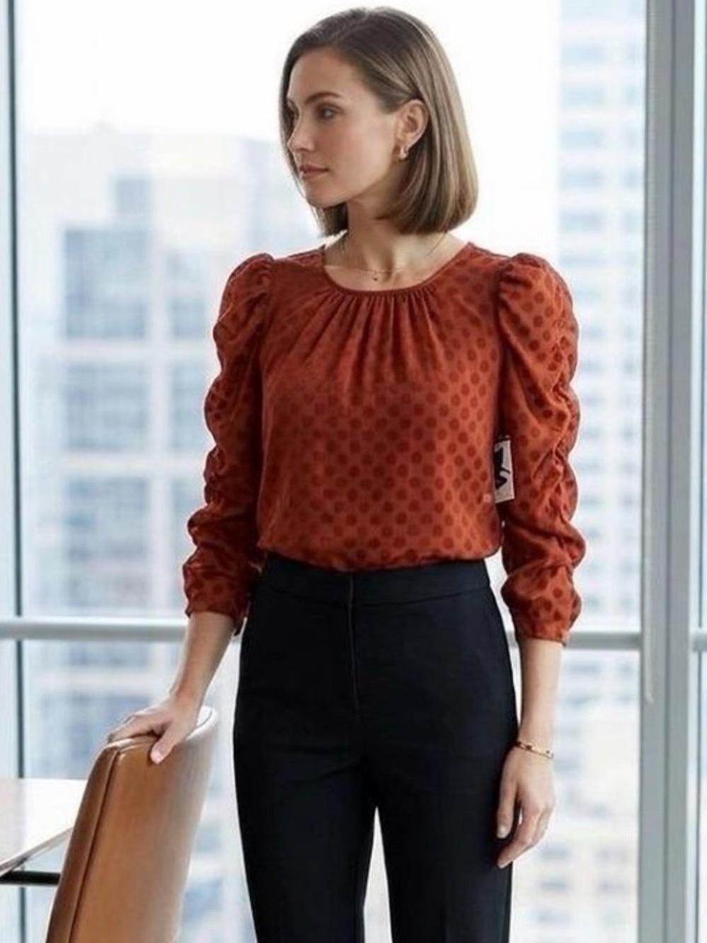 Max Studio Rust Polka Dot Puff Sleeve Blouse | Size Small